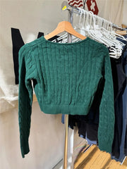 Cyflymder  Drak Green O-neck Knit Cardigan Women Spring Cotton Casual Streetwear Slim Cropped Sweaters Vintage Simple Sweet Kniitwear Y2K