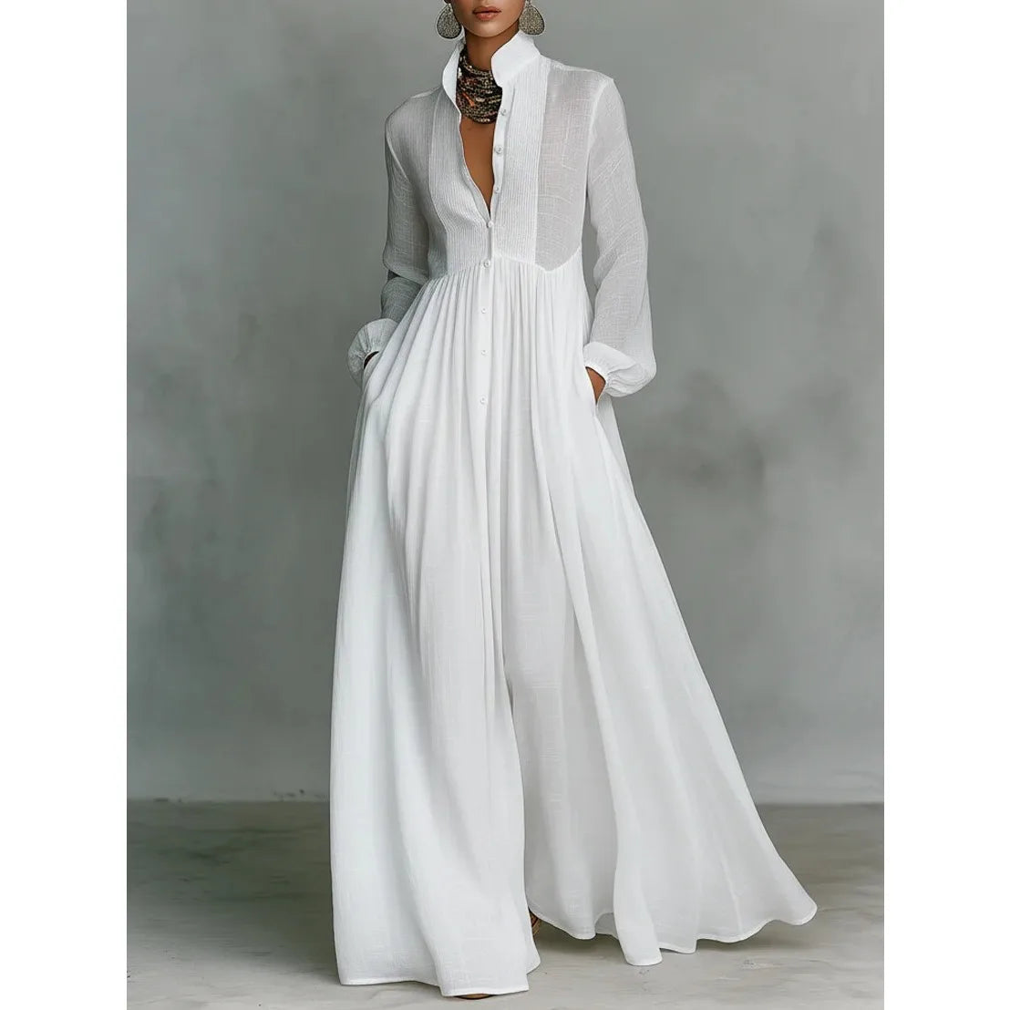 Cyflymder  Elegant Solid White Long Dress for Women's Single Breasted Pockets Behemian Vintage Stand Collar Spring Evening Dresses 2026