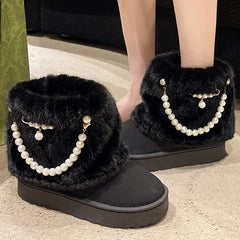 Cyflymder Winter New String Bead Plush Women's Boots Warm Stylish Thick Platform Slip On Boots Faux Fur Plus Size 43 Ankle Botas Shoes