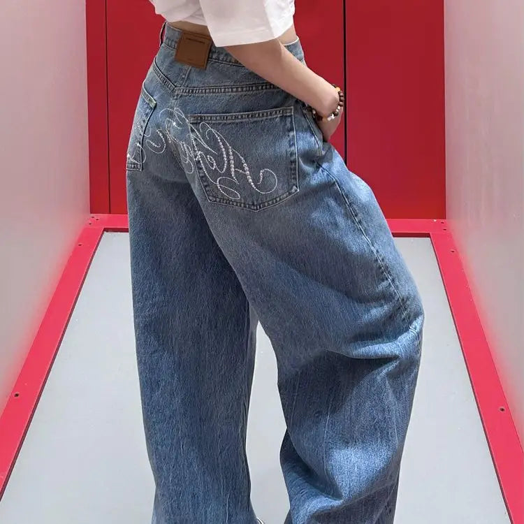 Cyflymder  Blue Vintage Letter Rhinestone Women Jeans Washed High Waist Wide Leg American Style Baggy Denim Pants Y2k Streetwear