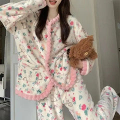 Cyflymder  Coral Fleece Pajamas Women Autumn Winter Print Thickened Plush Sleepwear Cardigan Suit Warm Soft Homewear Long Sleeves Pajamas