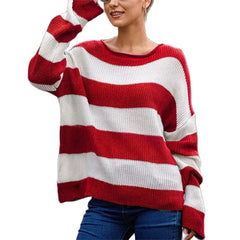 Cyflymder  Women Colorblocked Stripes Rolled Hem O Neck Pullover Sweater Autumn Winter Loose Jumpers Female Comfortable Casual Knitted Tops