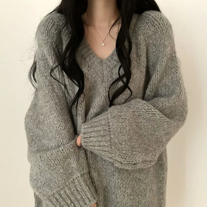 Cyflymder Autumn Winter Women Knitted Sweaters Fashion Korean Oversized Simple V Neck Pullover Harajuku Solid Puff Sleeves Casual Jumpers