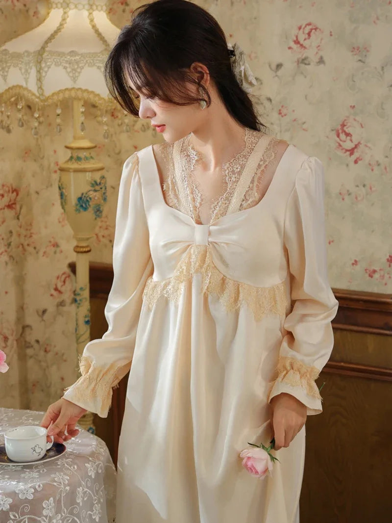 Cyflymder  Women Long Sleeve Pajamas Ladies Spring Vintage Princess Lace V-Neck Ice Silk Nightdress with Chest Pads Home Clothes Sleepwear
