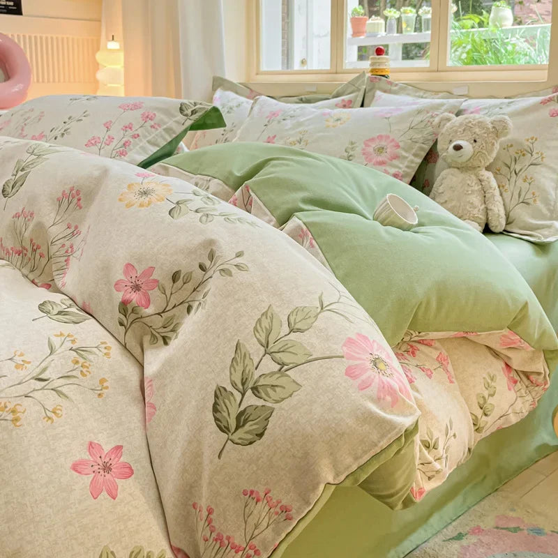 Cyflymder  Pastoral Plant Printed 100% Cotton Thick Bedding Set 160X210Cm Quilt Sets for Adults Warm Soft Duvet Cover for Autumn Winter