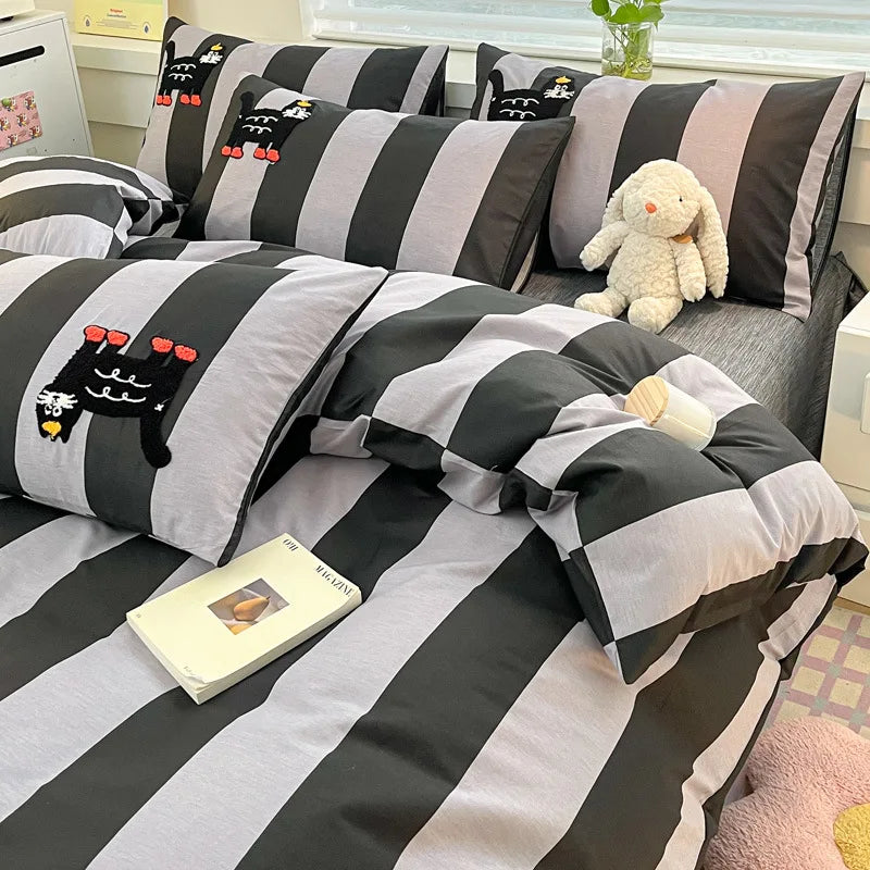 Cyflymder  Pure Cotton Cat Embroidery Stripes Bedding Sets Cartoon Skin Friendly Quilt Set for Dormitory Home Single Queen Size Bedclothes