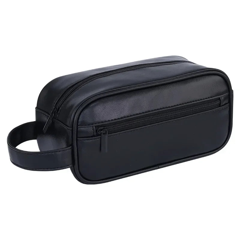 Cyflymder Men Leather Wash Bag Travel Business Trips Portable Cosmetic Bag Large Capacity Multi Pocket Design Handheld Leather Wash Bag