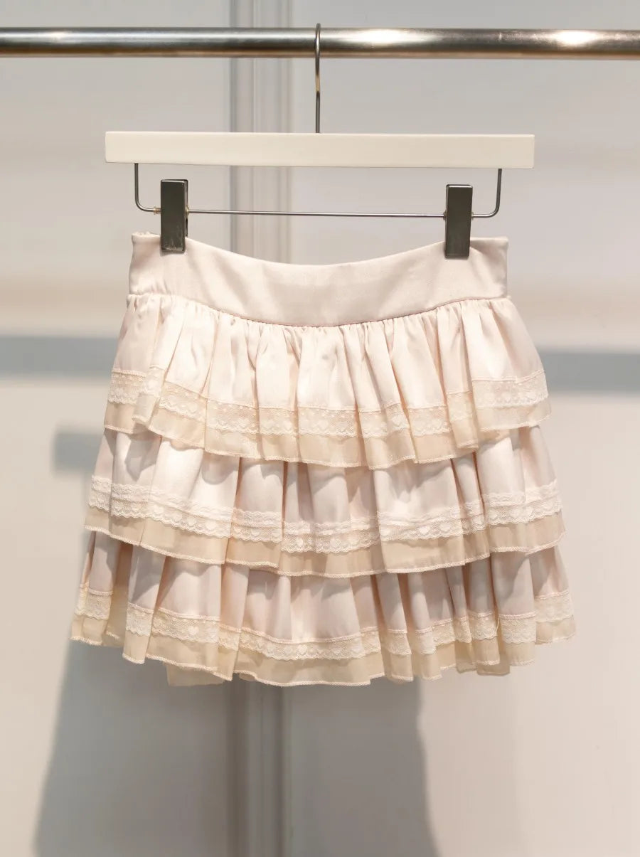 Cyflymder  Pink Lace Trim Ruffles A-line Skirts Women Summer New Cotton Elastic High Waist Short Faldas Sweet Preppy Style Cute Mini Skirt