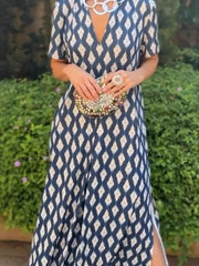 Cyflymder  Leisure High Waist Pattern Printed Women's Dress Summer New Loose Party Maxi Dress Elegant V-neck Short Sleeve Commuting Dresses