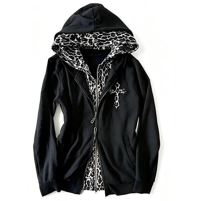 Cyflymder  Women's Double Zipper Fashion Hoodie with Black Panther Pattern Inner Lining Spicy Girl Y2K Gothic Punk Street Coat Hip Hop High