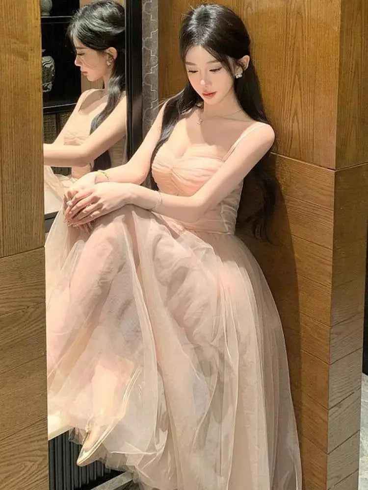 Cyflymder  Summer French Vintage Sweet Pink Mesh Sexy Pleated Slip Long Dresses Women Elegant High Waist Backless Evening Party Dress Trend