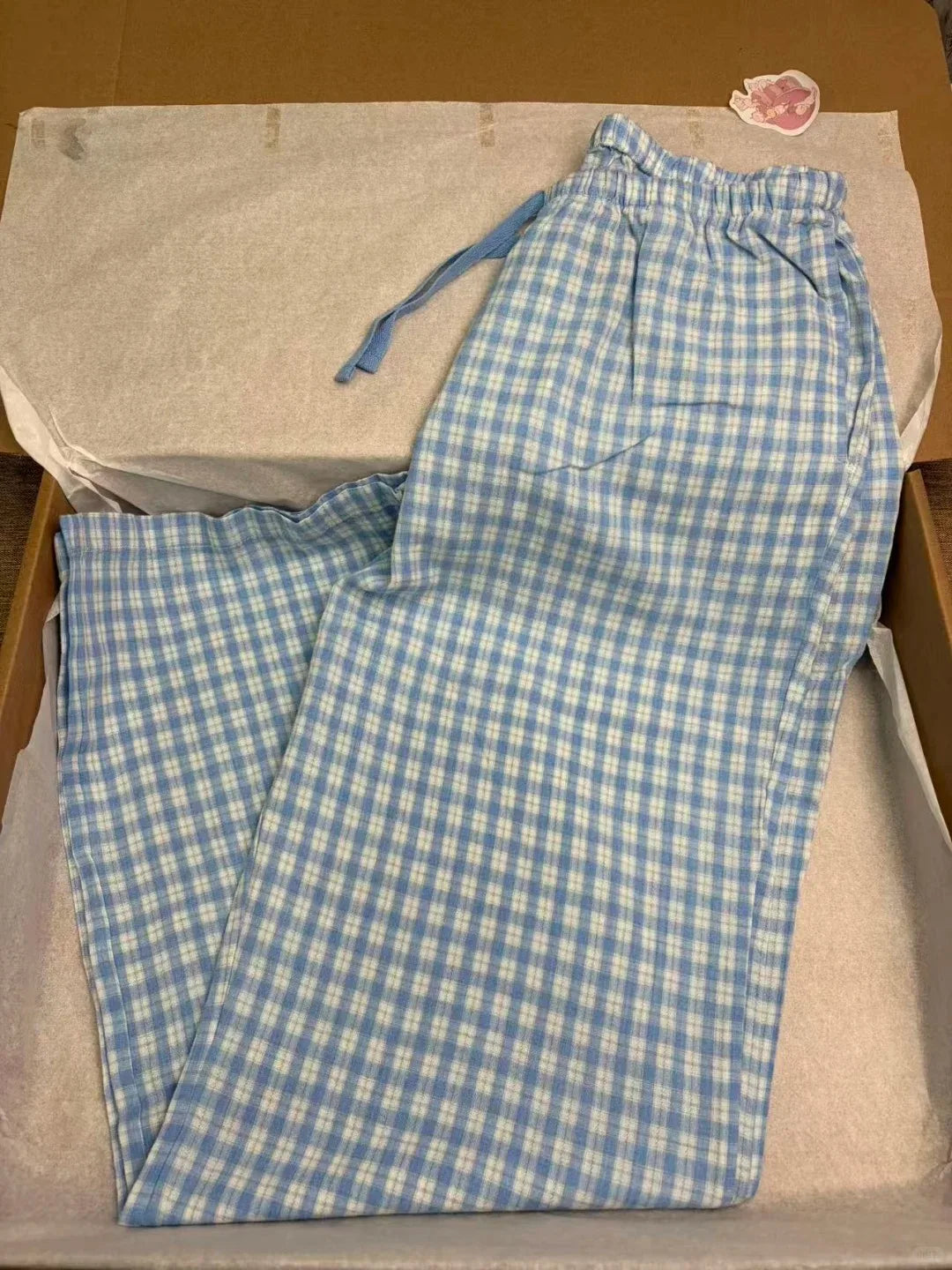 Cyflymder  Sweet Blue Plaid Straight Pants Women Summer Chic Drawstring Low Waist Trousers Female Preppy Style Cozy Cotton Long Pant Y2K