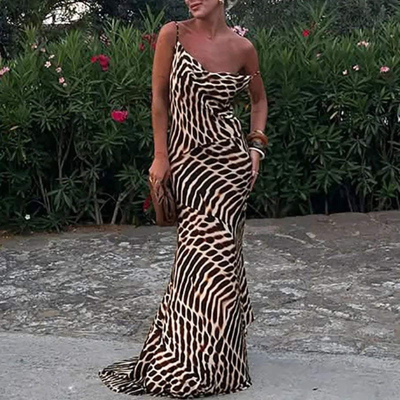 Cyflymder  Lady Casual Holiday Beach Bohemian Dress Vintage Leopard Print Slim Straps Long Dress Spring Summer V Neck Sleeveless Maxi Dress