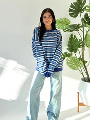 Cyflymder  Casual V-Neck Sweater Women s Loose Knit Pullover Long Sleeve Striped Jumper Autumn Winter Warm Knitwear Tops for Ladies