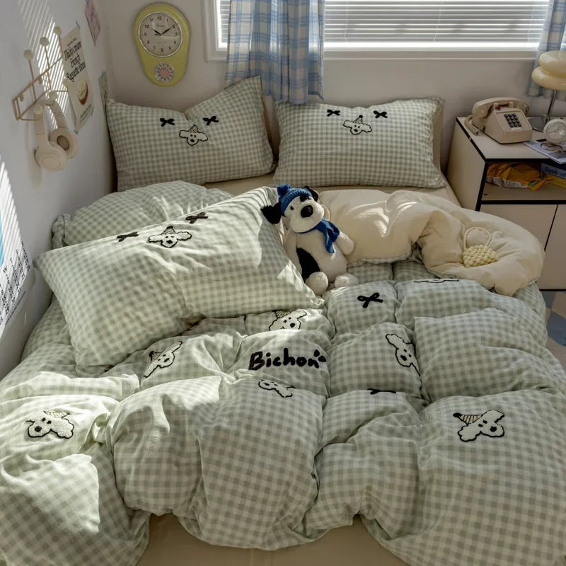 Cyflymder  new student cartoon washed cotton towel embroidered three or four-piece set bed sheet quilt cover mattress bedding