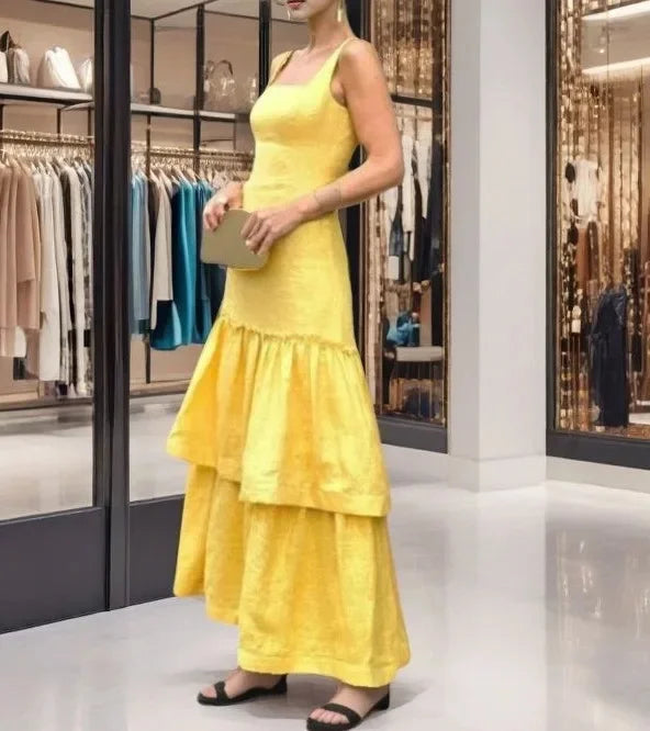 Cyflymder  Elegant Sleeveless Square Collar Dress with Lace Hem for Women Fashionable Party Long Gown Ladylike Style Cross-Border Design