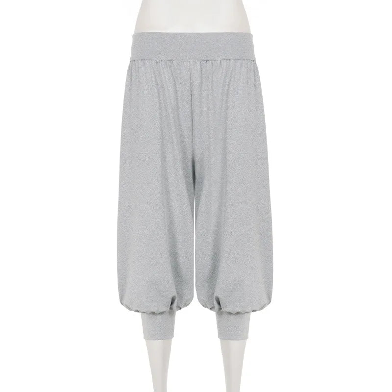 Cyflymder   Casual Solid Color Jogger Lantern Cropped Pants Mid Waist Loose Simple Versatile Calf-length Bloomers Elegant Commuter