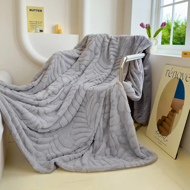 Cyflymder  Solid Banana Leaf Jacquard plush blankets Double Layered Thick Faux Rabbit Fur Bedspread Multi-Functional Office Nap Blanket