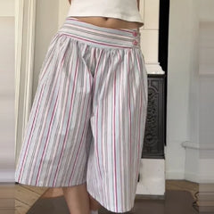 Cyflymder  Women's Casual Multicolor Striped Wide Leg Shorts High Waist Elastic Waistband Loose Fit Knee-length Culottes For Daily Wear