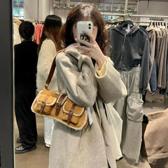 Cyflymder  Retro Lamb Patchwork Brown Shoulder Bag Women Vintage Pocket Chic Y2k Handbag Female Hot Girls Casual Underarm Bag 2025