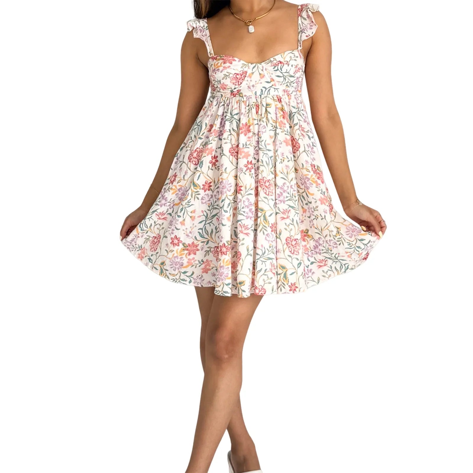 Cyflymder  Women V-Neck Maxi Dress Sleeveless Ruffle Floral Print Boho Beach Dress Summer Casual Long Dress with Pockets