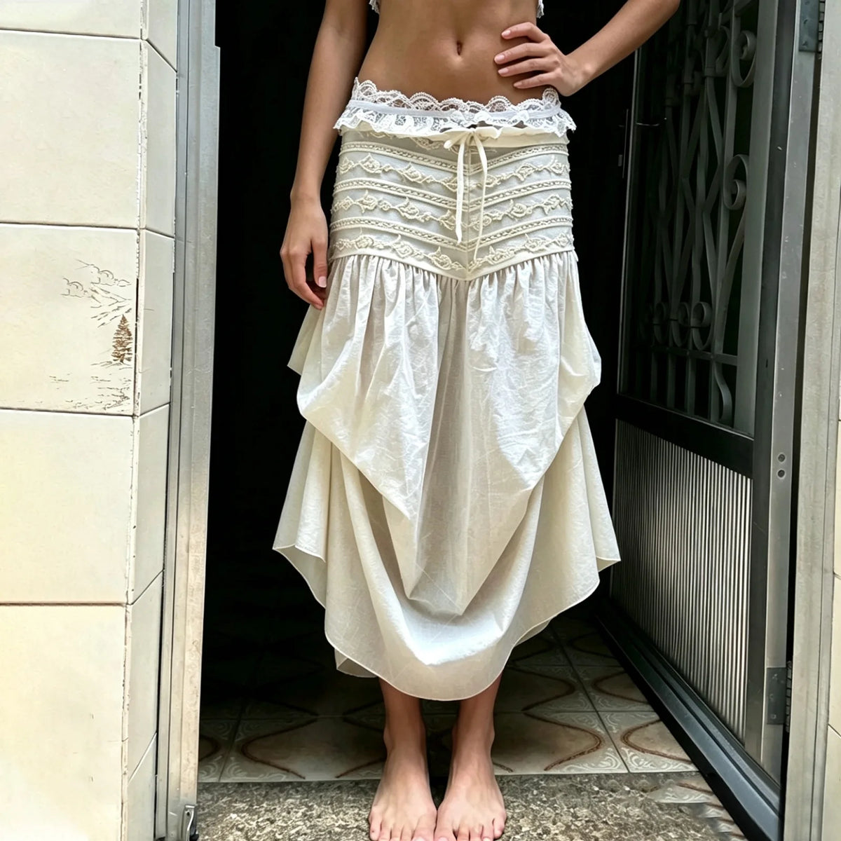 Cyflymder   Drunk Sugar White Lace Trim A-Line Midi Skirt Women's Vintage Asymmetrical Fullness Holiday Style Slimming High Waist Lace