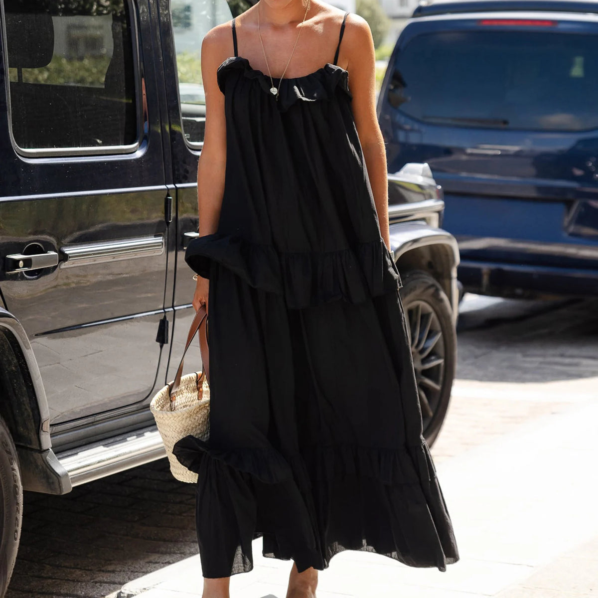 Cyflymder  Summer Maxi Dress for Women Sleeveless Spaghetti Strap Ruffle Tiered Maxi Sundress Loose Backless Long Beach Dress