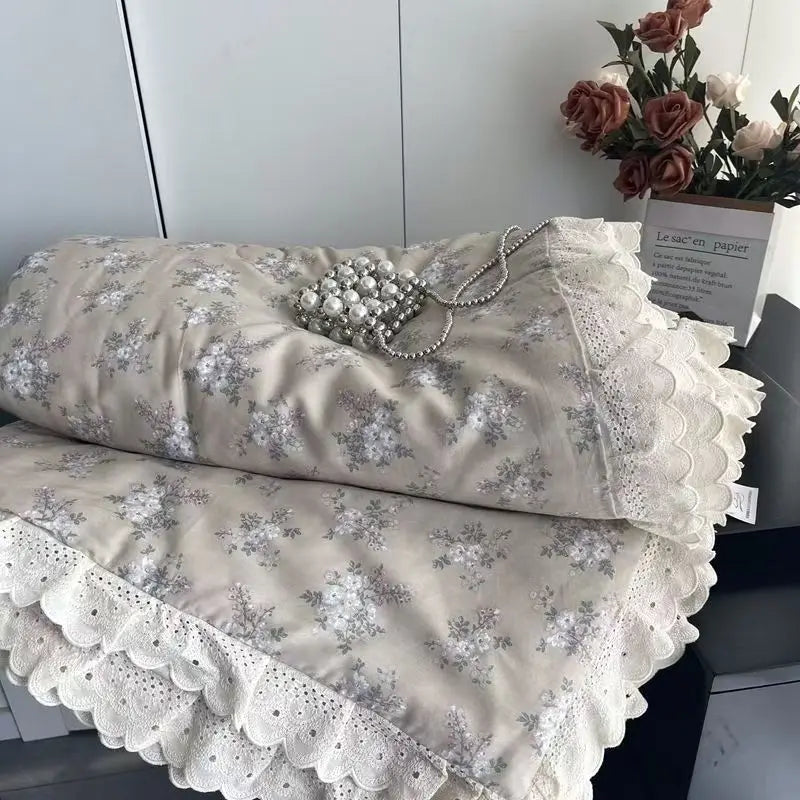 Cyflymder  Lace Pure Cotton Quilt 200x230cm Comforter Thin Summer Floral Printed Double Layer Gauze Quilted Blanket Queen Size Bedding