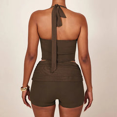 Cyflymder  Two Piece Set Lace Up Halter Backless Fishbone Corset Crop Top & Shorts Fashion Clubwear Women Streetwear Suit 2025 New