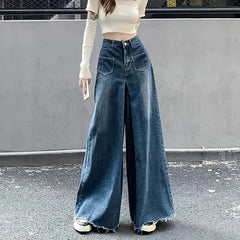 Cyflymder  Woman High Waist Vintage Designer Wide Leg Jeans Female Gothic Loose Straight Leg Pants Girls Blue Light Blue Denim Trousers