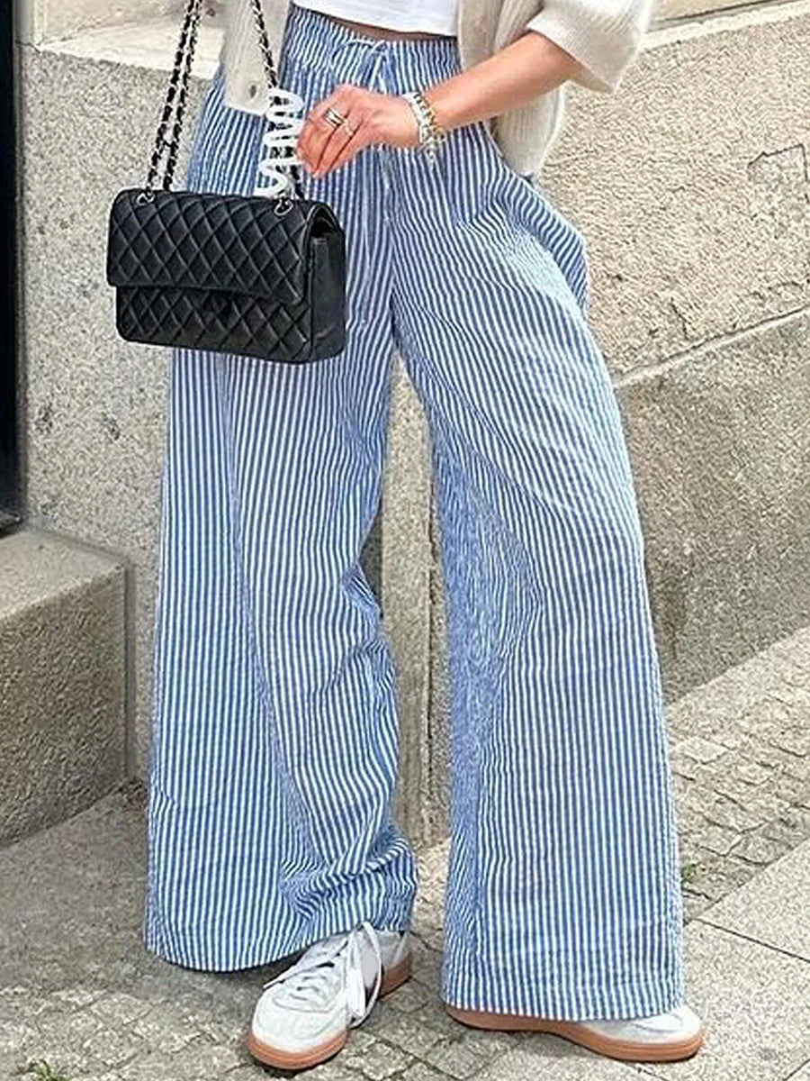 Cyflymder  Women's Spring Summer Baggy Pants Fashion Drawstring Waistband Loose Wide Leg Striped Pants Y2K Streetwear