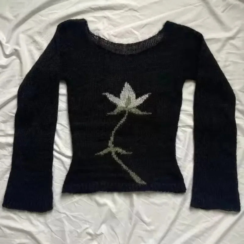 Cyflymder  Y2k American Harajuku Streetwear Flower Print Design O Neck Long Sleeve Pullovers Vintage Gothic French Thin Knitted Jumpers