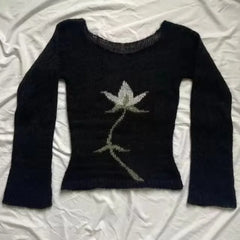Cyflymder  Y2k American Harajuku Streetwear Flower Print Design O Neck Long Sleeve Pullovers Vintage Gothic French Thin Knitted Jumpers