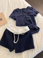 Cyflymder  Striped Cotton T-shirt Shorts Outfit Women Navy O-neck Slim Tees +Buttons Straight Sweatshirt Sweet Cute Home 2 Pieces Set Y2K