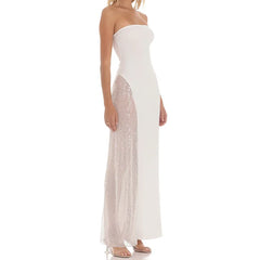 Cyflymder  Sparkle Sequin Mesh Patchwork Maxi Dress Women Sexy Strapless Tube Dress Elegant Lady Backless Bodycon Long Dress