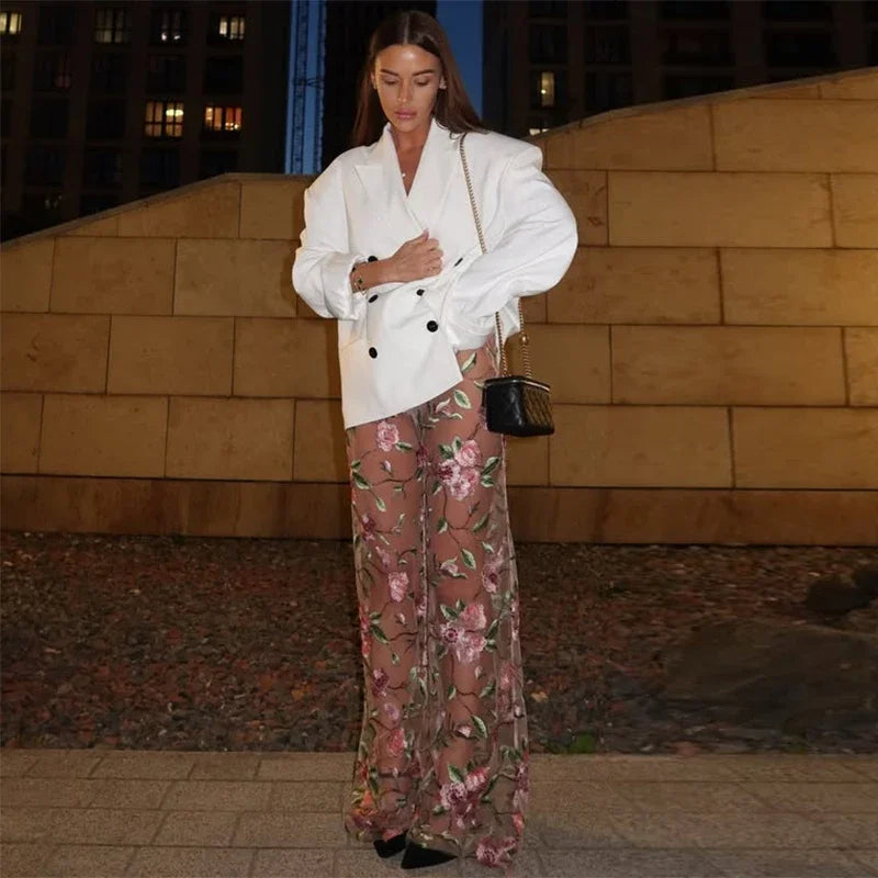 Cyflymder  See Through Flower Embroidery Women Pants Mesh Thin Wide Leg Fashion Straight 2025 Summer  Chic Trousers Party Street Lady Pants
