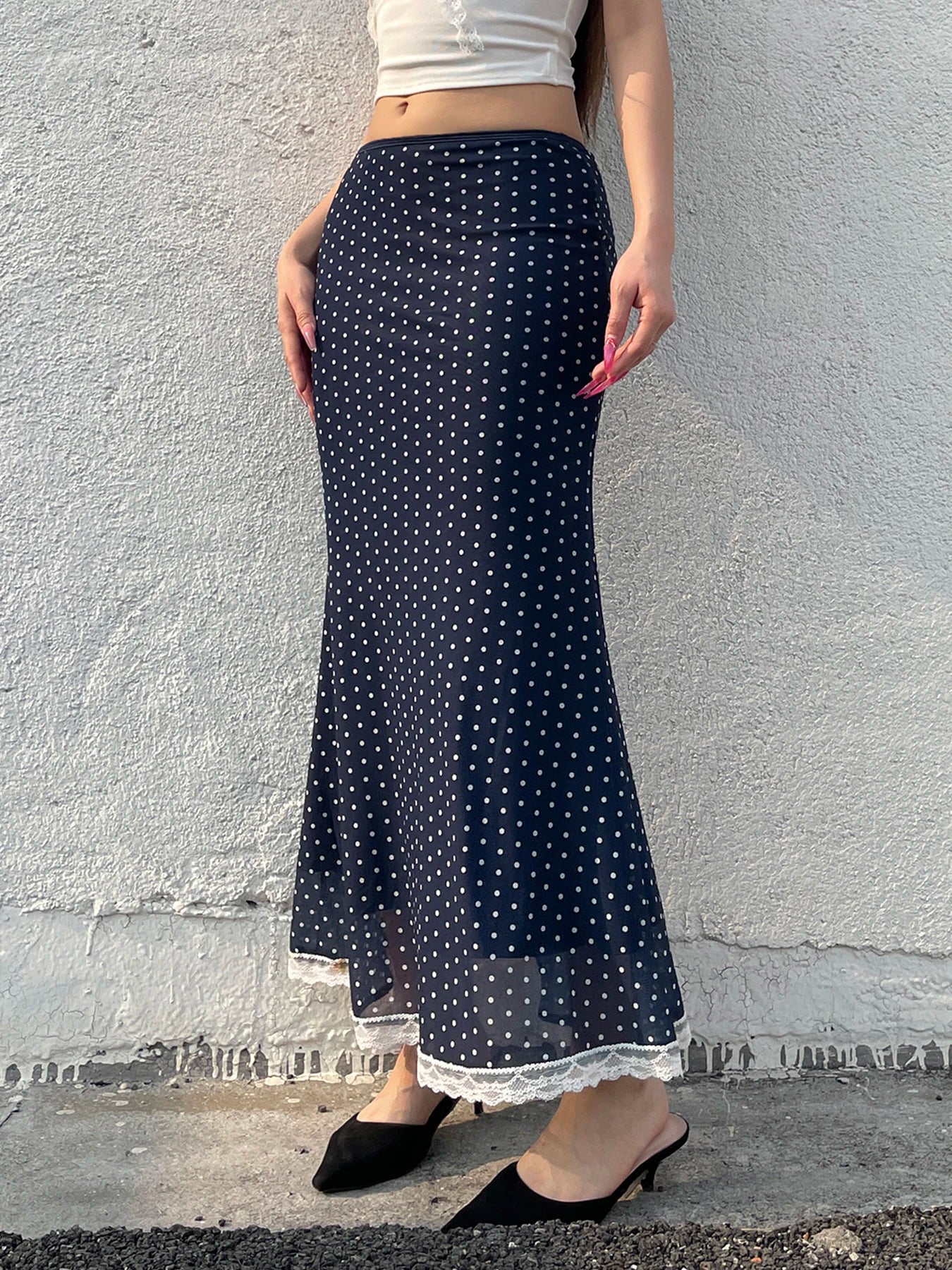 Cyflymder  Casual Dot Printed Mesh Skirts See Through Slim Mid-Waisted Straight Skirts Women 2025 Summer Fashion Holiday Streetwear