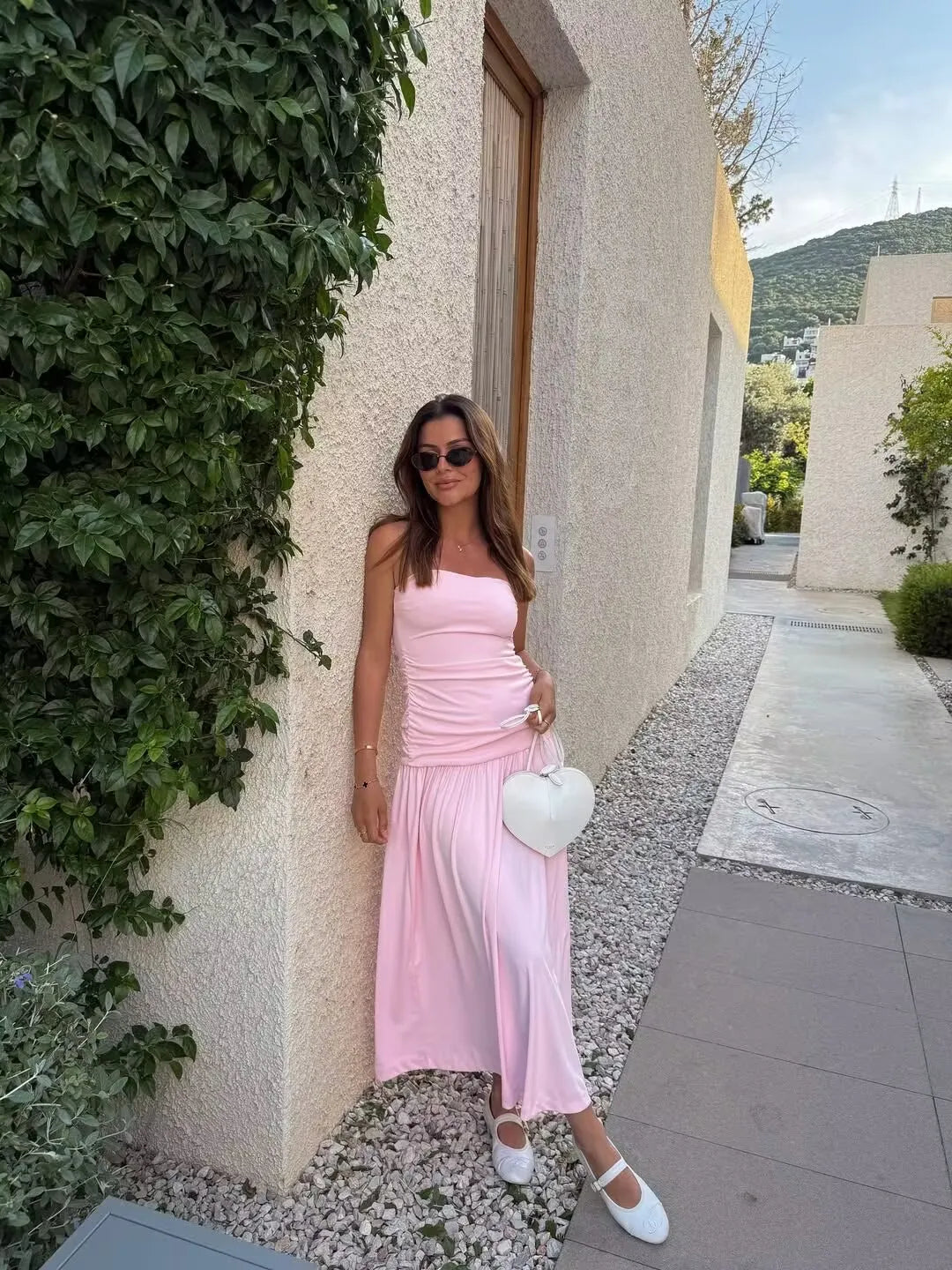 Cyflymder  Elegant Ruched Strapless Dress Women Sexy Pastel Pink Off Shoulder Side Zipper Midi Dress 2025 New Summer Party Evening Dresses