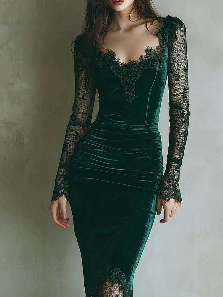 Cyflymder  Elegant Velvet Lace Trim Evening Cocktail Dress For Women Vintage Sexy Sheer Long Sleeve V-Neck Mesh Party Bodycon Mini Dresses