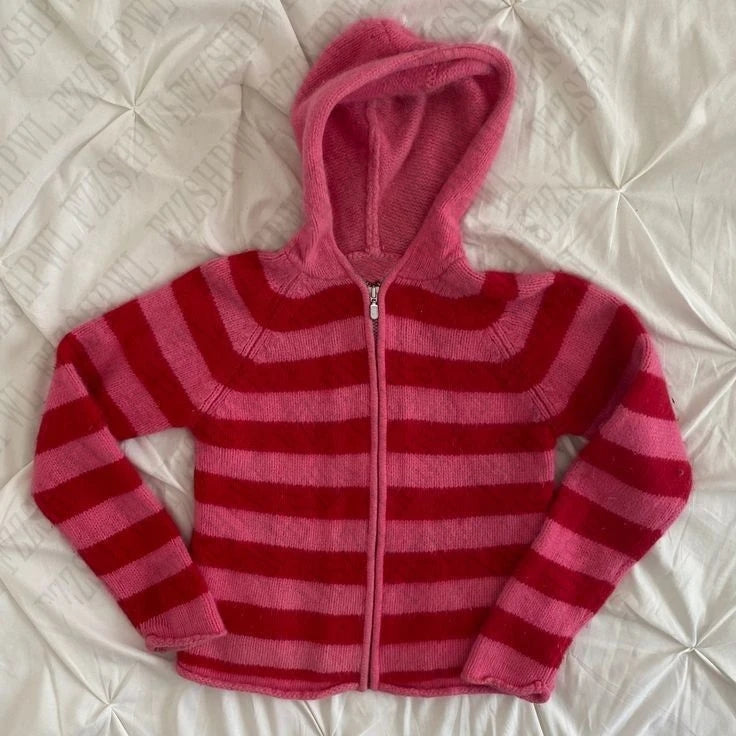 Cyflymder  Lovely Soft Y2K Knit Sweater Harajuku Woman Pink Zipper Clothing Female Aesthetic Stripes Knitwear Slim Long Sleeve Hooded hood