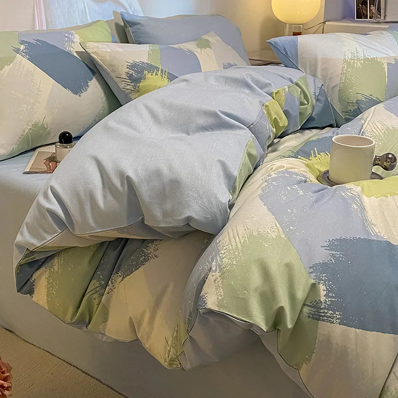 Cyflymder  Simple Nordic Pure Cotton Striped Bedding Set Naked Sleeping Comfortable Duvet Cover Set Fitted Sheet Kit for Single and Double