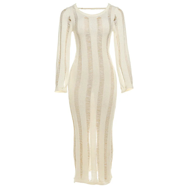 Cyflymder   Autumn Hollow Out Backless Knit Maxi Dress Women Fashion Sexy O Neck Full Sleeve Bodycon Long Robe Holiday Beach Cover Ups