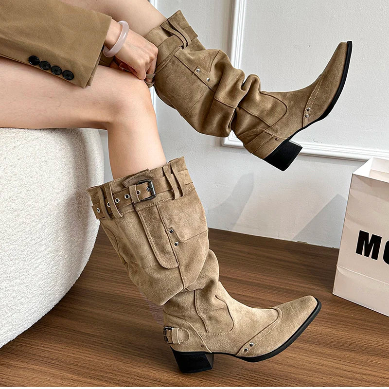 Cyflymder  Autumn Winter Pleated Women Western Cowboy Boots Vintage Square Low Heels Shoes Female Belt Buckle Long Booties