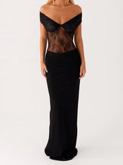 Cyflymder  Elegant Off Shoulder Lace Evening Gown with  V Neckline and Open Back for Women s Formal Party Wear