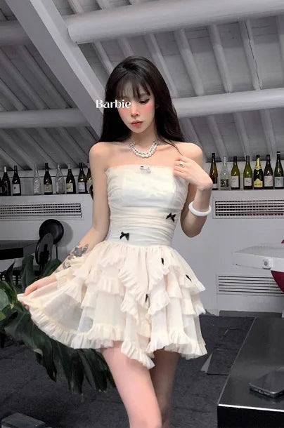 Cyflymder  Summer French Vintage Sweet Dresses Female Kawaii Y2K Fashion Fariy Mini Dress Korean Party Ruffles Puff Sleeve Cake Dress