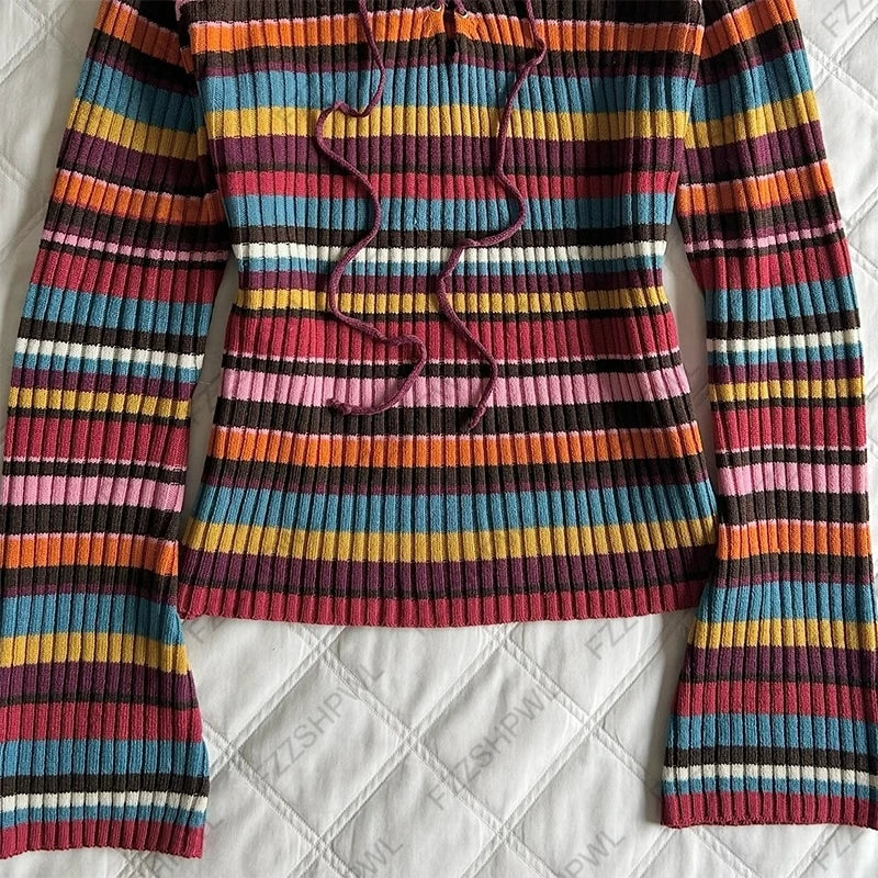 Cyflymder  Harajuku Womens Sweater Y2K Street Style Color Stripes Fashion Retro Aesthetic Grunge Emotional Girls V-Neck Sexy Casual Sweater