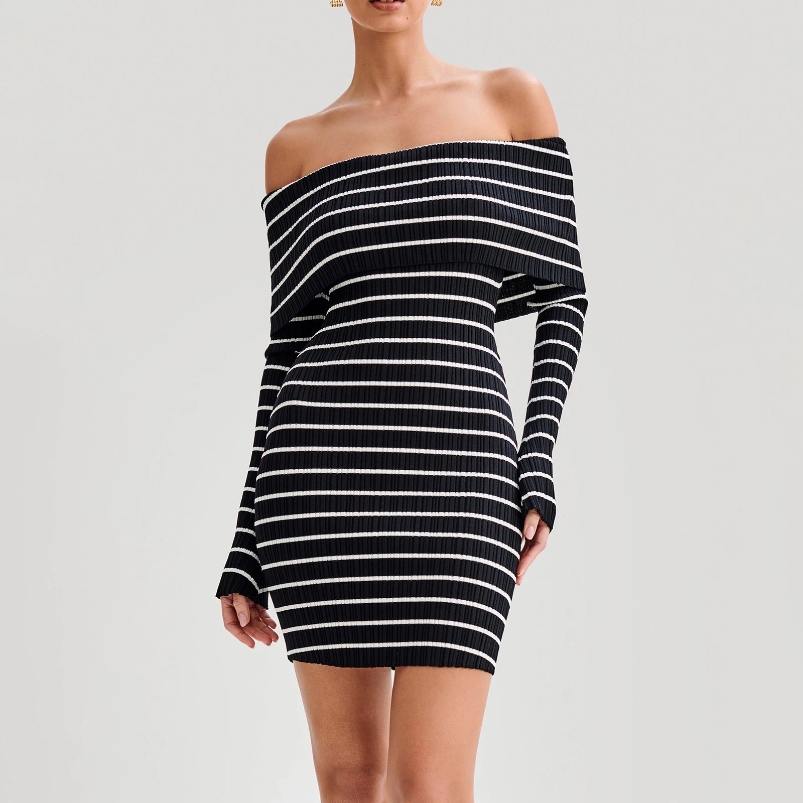 Cyflymder  Striped Knit Sweater Mini Dress Women Bandeau Backless Elegant Fashion Summer Contrast Party Dress Knitwear Mini Dress