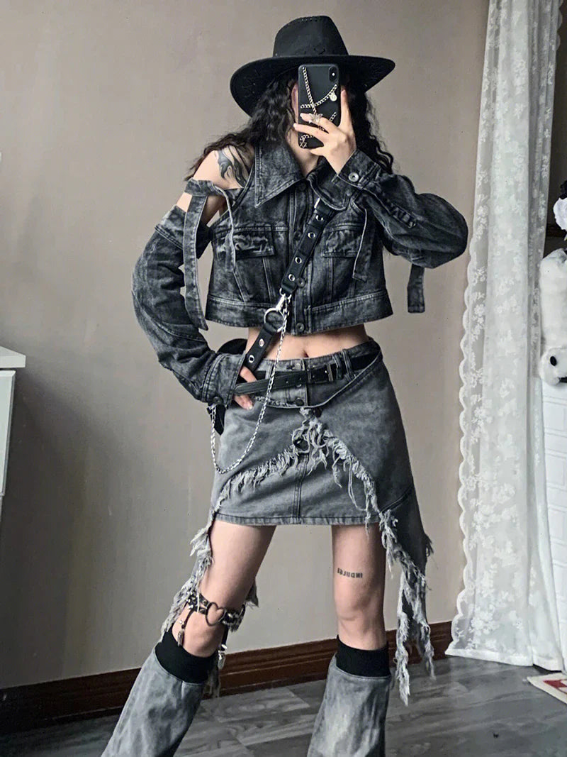 Fashion Women Skirt Set Mini Short Denim Skirt Waist Cape Chain Belt Leg Warmers Grunge Y2K Vintage Streetwear Cyflymder