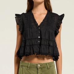 Cyflymder  Women's Ruffle V Neck Babydoll Tank Top, Semi Sheer Lace Flowy Peplum Top, Boho Eyelet Button Down Crop Shirt Summer