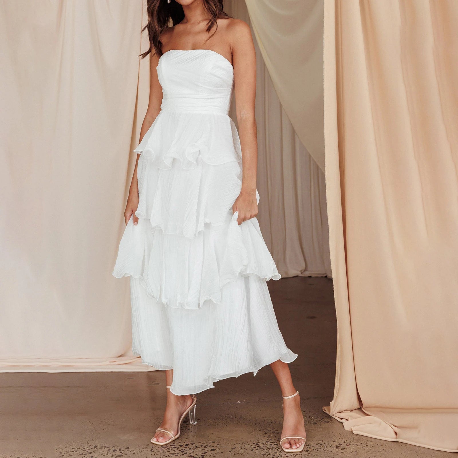 Cyflymder  Ruffled Tube Top Long Dress for Women Summer Solid Color Backless Strapless Sleeveless Tiered Cake Dress